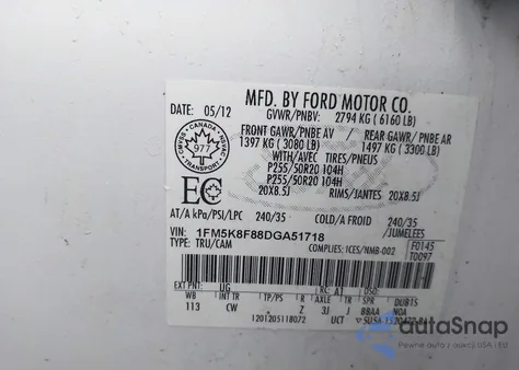 2013 Ford Explorer Limited z USA, uszkodzony, nr VIN 1FM5K8F88DGA51718